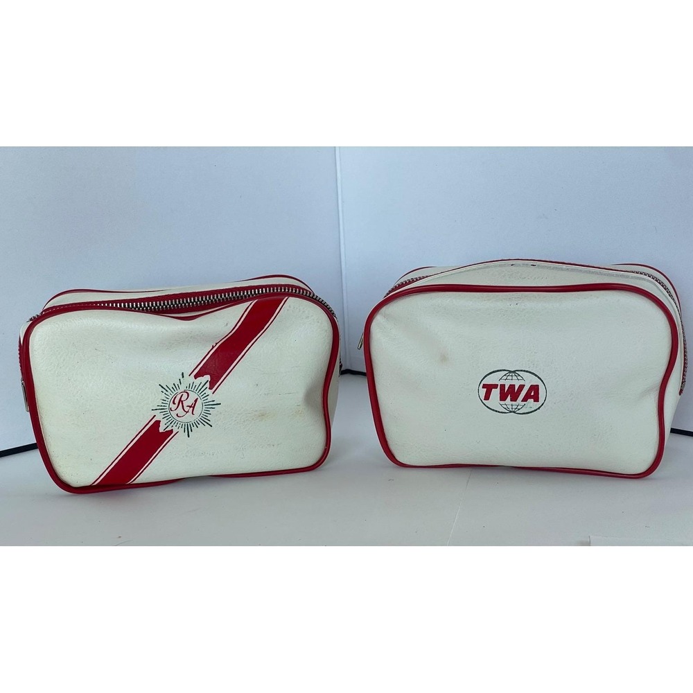 Vintage TWA Trans World Airlines White Vinyl Travel Kit Amenity Bag Red Piping